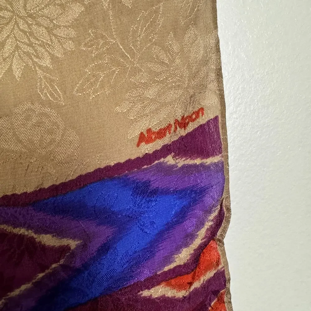 Vtg Albert Nipon Silk Scarf 10x52 Women Gold & Purple & Red Tribal Western Sheer - Picture 2 of 6